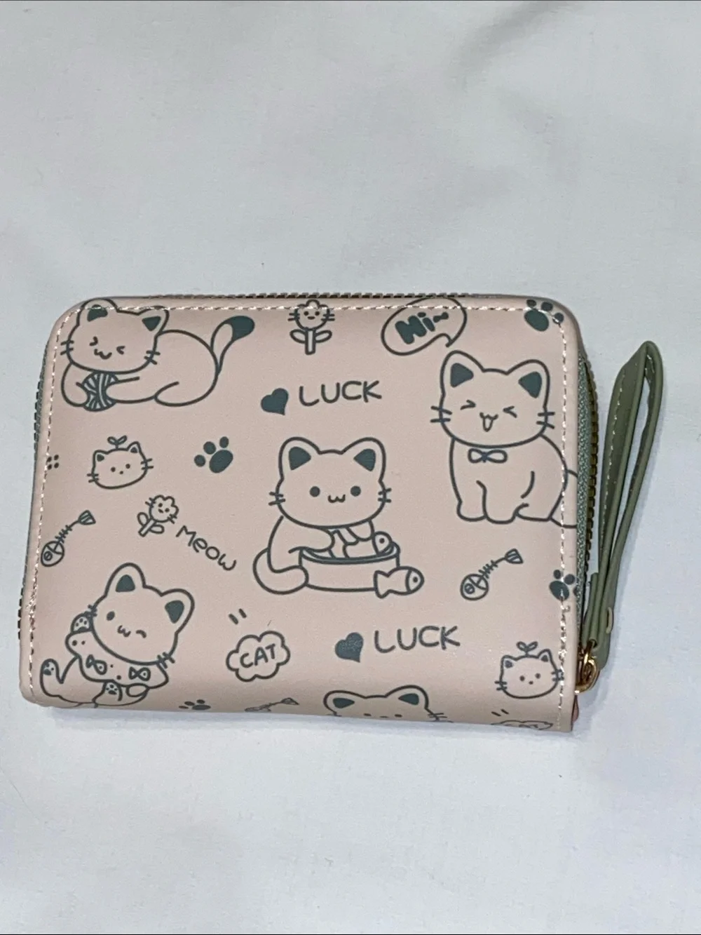 Cat Print Zip Wallet with Wrist Strap - Pink and Green